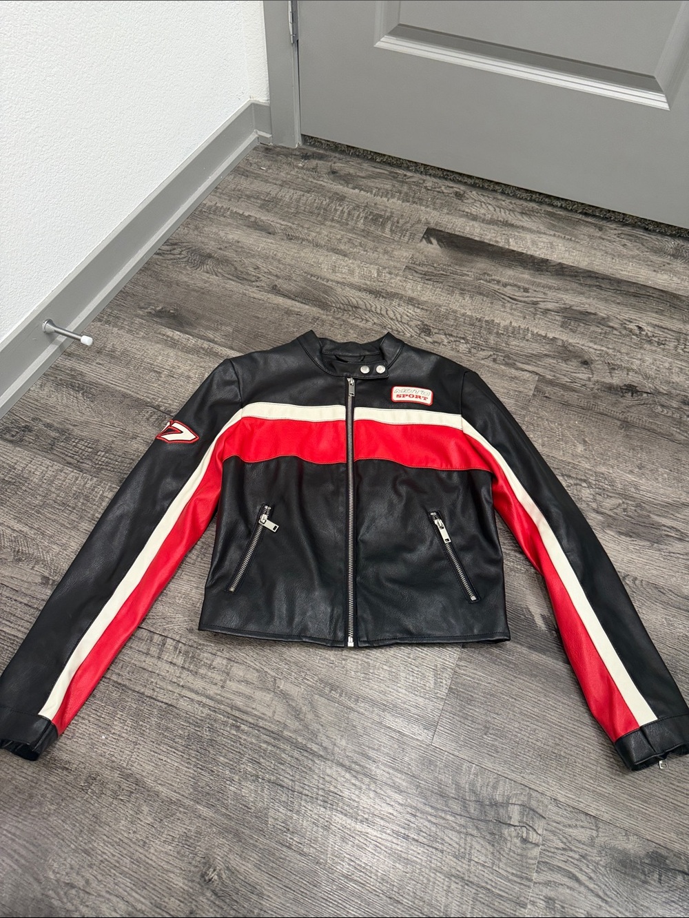 Forever 21 Black Leather Jacket with Red & White Racing Stripes